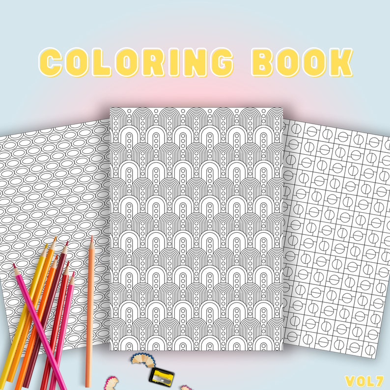 May include: Three black and white colouring pages with geometric patterns. The first page has a pattern of circles, the second page has a pattern of arches, and the third page has a pattern of squares and circles. The pages are labelled "COLORING BOOK" and "VOL7".