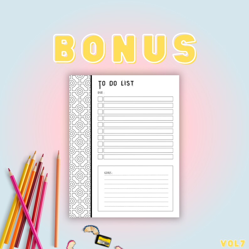May include: A black and white printable to-do list with a geometric pattern border. The list includes a section for date, tasks, and goals.