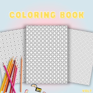 May include: Three black and white colouring pages with geometric patterns. The pages are arranged in a row with the middle page in the centre. The pages are on a light blue background. The text "COLORING BOOK" is at the top of the image in yellow letters. The text "VOL 7" is at the bottom of the image in black letters.