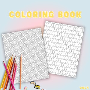 May include: A coloring book with a geometric pattern and the text "COLORING BOOK" in yellow. Several colored pencils in shades of orange, red, and yellow are arranged on the left side. The book is open to a page with a repeating circle design.