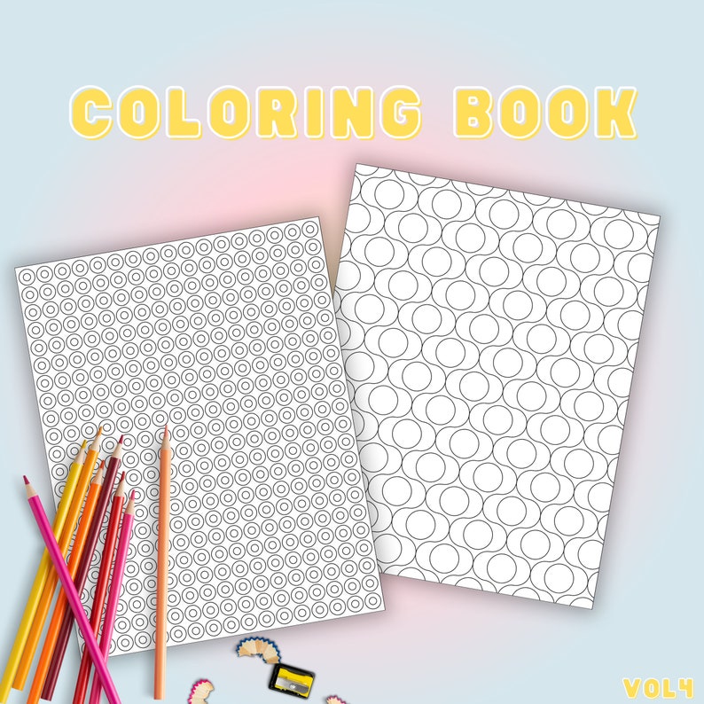 May include: A coloring book with a geometric pattern and the text "COLORING BOOK" in yellow. Several colored pencils in shades of orange, red, and yellow are arranged on the left side. The book is open to a page with a repeating circle design.