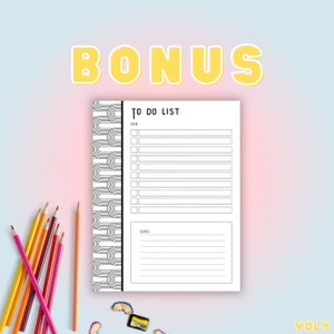 May include: A white To Do List notepad with a black and white patterned spine. The word "BONUS" is in yellow block letters above the notepad. Colored pencils are scattered on the left side of the image.