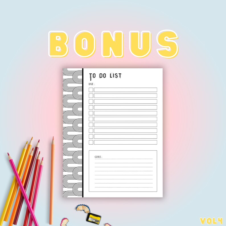May include: A white To Do List notepad with a black and white patterned spine. The word "BONUS" is in yellow block letters above the notepad. Colored pencils are scattered on the left side of the image.