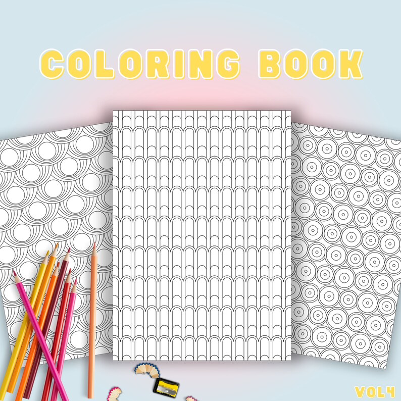 May include: A coloring book with three open pages displaying geometric patterns in black and white. The words "COLORING BOOK" are in yellow, and colored pencils are scattered on the left. The volume number "VOL 4" is in the bottom right corner.