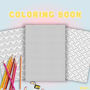 May include: A coloring book with the text "COLORING BOOK" in yellow letters. The book has three open pages with different black and white patterns. Colored pencils in various colors are arranged on the left side of the image.