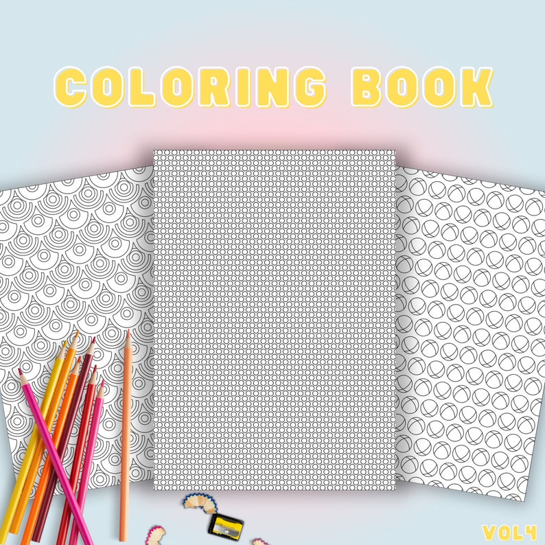 May include: A coloring book with the text "COLORING BOOK" in yellow letters. The book has three open pages with different black and white patterns. Colored pencils in various colors are arranged on the left side of the image.