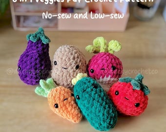 6in1 gehaakt pdf-patroon voor weinig naaien/niet-naaien groenten | schattig, eten, amigurumi, instructies