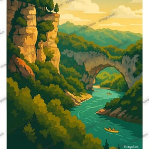 Puede incluir: Un póster de viaje de estilo vintage que presenta una vista panorámica de la región de Ardèche. La ilustración representa un río que fluye a través de un cañón, con un puente de arco natural y pequeñas embarcaciones. El póster tiene una paleta de colores cálidos con el texto "L'ARDÈCHE".