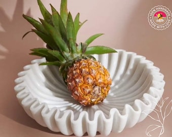 Handcrafted Marble Ruffle Bowl, Antique Scallop Fruit Dish, Vintage Ring Holder, Decorative Lotus Flower Urli, Housewarming Wedding Gift