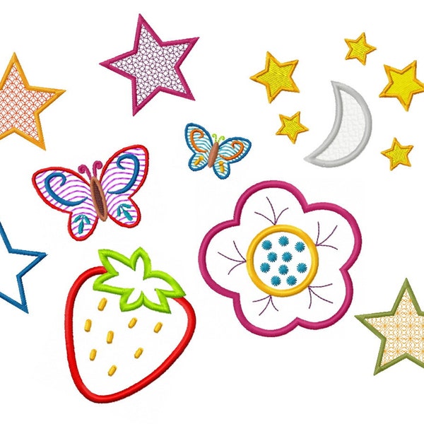 Basis-Zutaten 2 - Stickdateien - 15 Motive - auch als Applikationen - Mond, Sterne, Erdbeere, Schmetterling und Blume