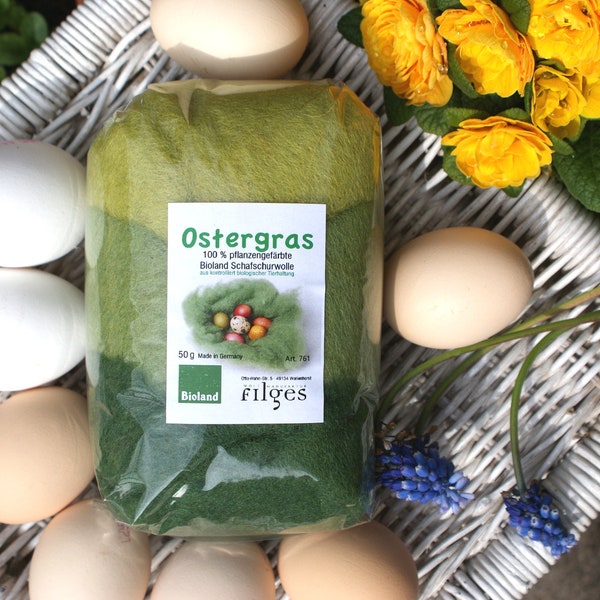 Ostergras für weiche Ostereier-Nester, pflanzengefärbt, dreifarbig, gekämmt, natürliche Filzwolle, 100% Schafschurwolle (kbT, Bioland), 50 g