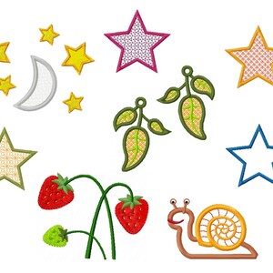 Colorful mix 1 - embroidery files - 19 motifs - starry sky, strawberries, earrings, snail