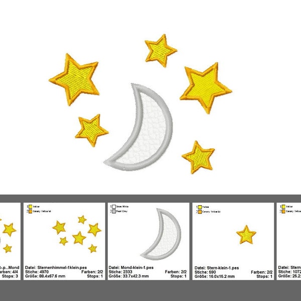 Sternenhimmel, Sterne und Mond, Stickdateien, 10x10 cm Rahmen