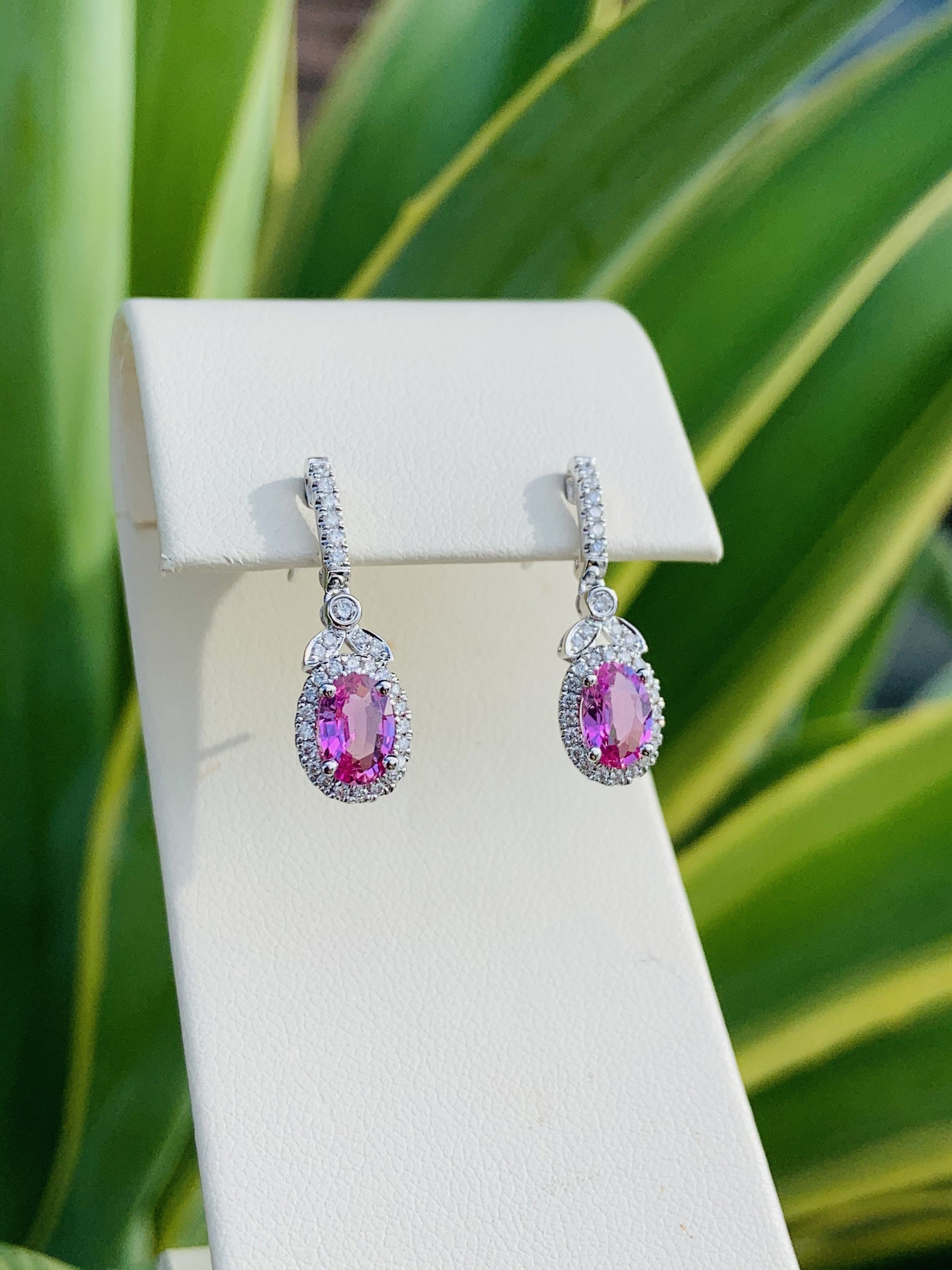 18k White Gold Diamond  Pink Sapphire Earrings