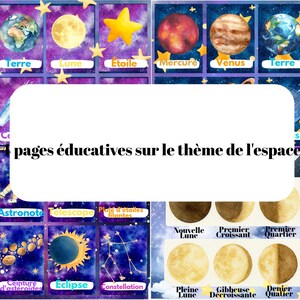 May include: Educational space-themed flashcards featuring planets, moons, stars, and celestial objects. The cards include the sun, Earth, moon, star, Mercury, Venus, Mars, Neptune, satellite, astronaut, telescope, and more. The text "7 pages éducatives sur le thème de l'espace" is visible.