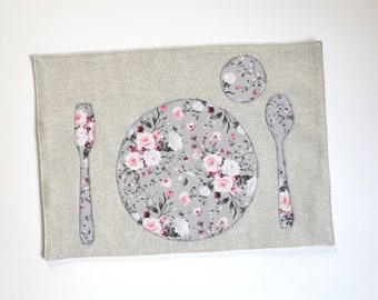 Beginner placemat, Roses on Grey, Montessori practical life material