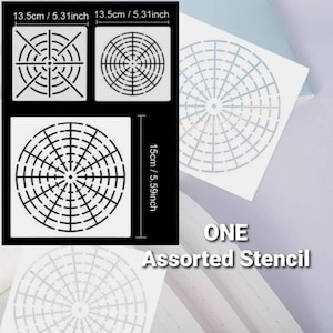 May include: Set of three white plastic stencils with circular designs. The stencils are 13.5 cm, 13.5 cm, and 15 cm in diameter. The text "ONE Assorted Stencil" is printed on the bottom of the image.