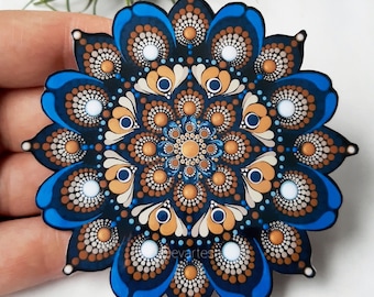Hand Cut Weatherproof Mandala Vinyl Sticker from Original Dot Art Painting, Laminated Navy Blue and Brown Aesthetic Boho Computer Stickers