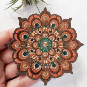 Oxidized Copper Patina Hand Cut Laminated Vinyl Sticker from Original Dotted Mandala Painting, Boho Matte Stickers for Water Bottle Tumbler