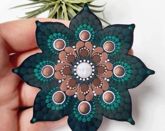 Emerald Green and Bronze Hand Cut Laminated Sticker from Original Dot Art Mandala Painting, Floral Vinyl Stickers for Adults | FREE SHIPPING