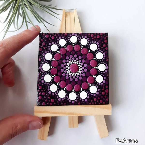 Hand Painted Mini Mandala Canvas and Easel Set, Plum Boutique Miniature Painting for Her New Home Office Shelf Decor, Housewarming Gift 2.5"