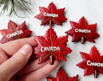 May include: Six red maple leaf-shaped ornaments with the word "CANADA" written in white on each. The ornaments are made of a textured material and have a brown stem.