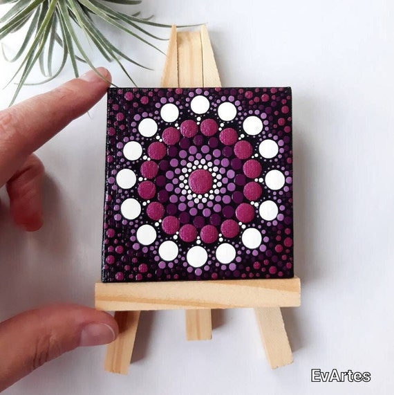 2.5 Hand Painted Mini Mandala Canvas and Easel Set, Plum Boutique