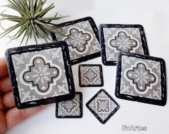 Handmade Black and White Traditional Portuguese Tile Mini Vinyl Stickers for Water Bottle and Scrapbooking, Mediterranean Azulejo Mosaics