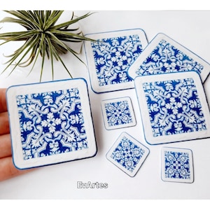 Pegatinas de vinilo brillante de azulejos portugueses en miniatura hechas a mano a partir de obras de arte originales, azulejos de Talavera laminados y cortados a mano, mosaicos españoles impermeables