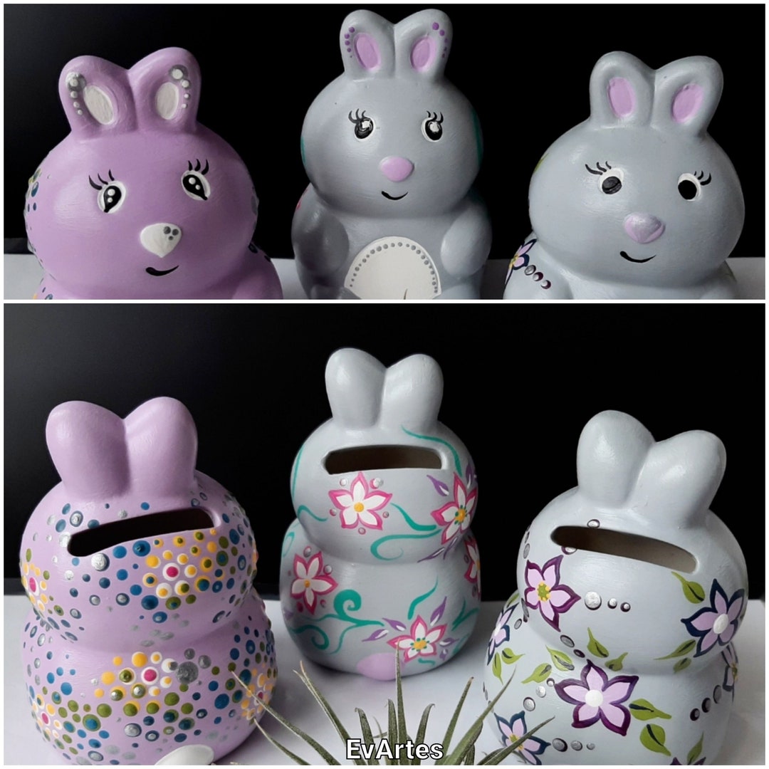 Hand Painted Ceramic Bunny Money Bank, Cute Rabbit Figurine Coin Box ...