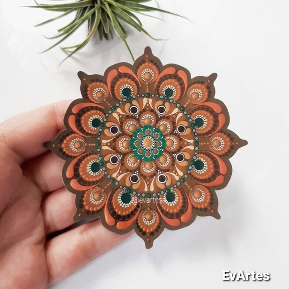 Oxidized Copper Patina Hand Cut Laminated Vinyl Sticker from Original Dotted Mandala Painting, Boho Matte Stickers for Water Bottle Tumbler