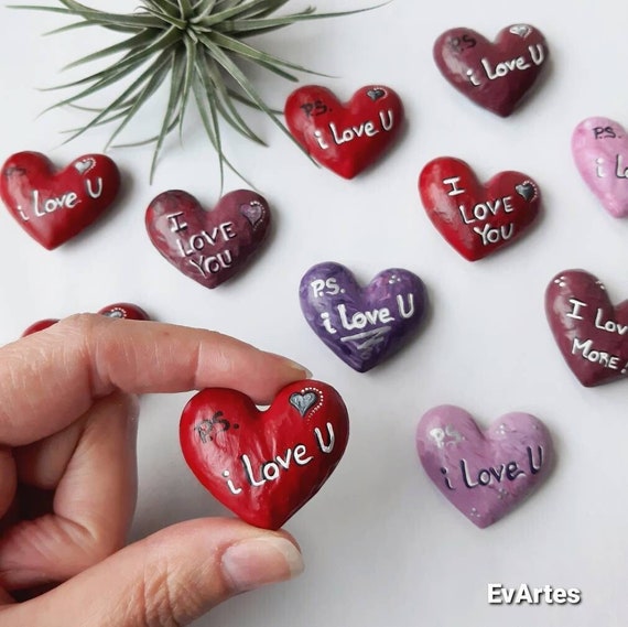 PS I Love You Mini Resin Heart Fridge Magnets for Valentines Day, Handmade  and Hand Painted Sentimental Message for Couples Cubicle Decor 