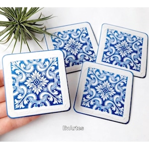 Mini autocollants en vinyle brillant pour carreaux portugais faits main à partir d'oeuvres d'art originales, carreaux Talavera laminés et coupés à la main, mosaïques espagnoles imperméables