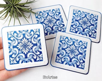 Handmade Mini Portuguese Tile Glossy Vinyl Stickers from Original Artwork, Laminated & Hand Cut Talavera Tiles, Waterproof Spanish Mosaics