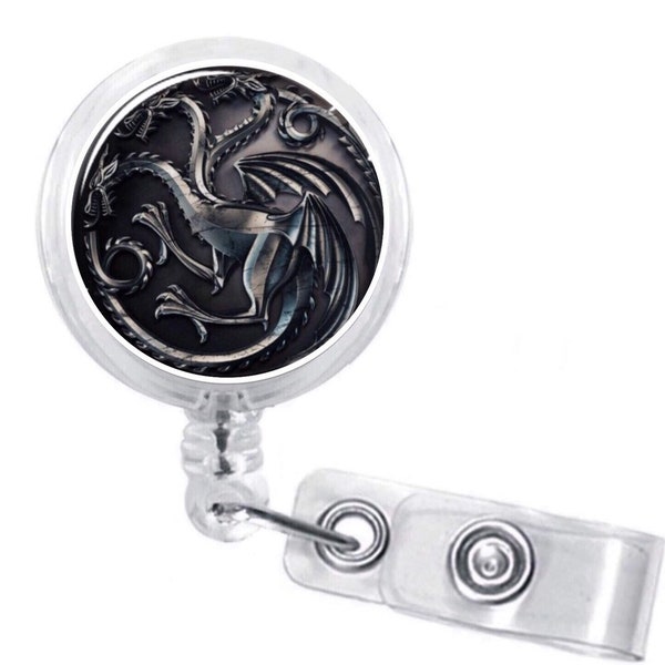 Games Thrones, House TARGARYEN, House Dragons Retractable Badge Reel Name ID Holder 3D Epoxy Dome