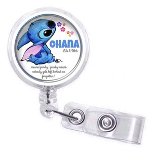 Disney&#39;s Lilo and Stitch OHANA  Means Family, Nobody Gets Left Behind or Forgotten, Retractable Swivel Nurse Badge Reel, Name ID Holder