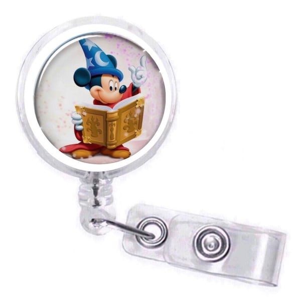 Disney Mickey Mouse, The Apprentice Sorcerer, Fantasia, Wizard, Magic Hat Retractable Swivel Nurse Badge Reel, Name ID Holder