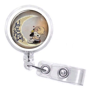 Dog and Charlie Badge Cartoon, I Love You To The Moon And Back,  Retractable Badge Reel Holder, Swivel, Retro Classic, Nurse Name ID Gift