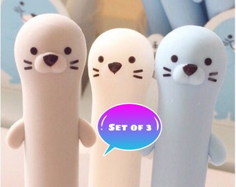 Nutria, focas, bolígrafos de silicona, rotuladores de autógrafos de personajes, regalos DCL Cruise Fish Extender, amigos, parques, juego de 3, blanco, gris y azul