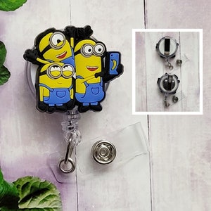 Minions Selfie Badge Reel Retractable Nurse Work Badge Reel, Despicable Me / Bob, Stuart, Kevin. 3D Name ID Holder