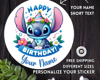 Personalized Disney Stitch Sticker Happy Birthday Custom Name Vinyl Funny Cake Sticker for Water Bottle, Tumbler Sticker