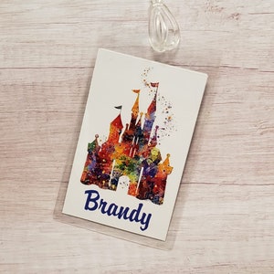 Personalised Disney Princess Castle Watercolor Disneyland, Disney World, DCL Fish Extender Luggage Tag, Cruise BagTag, Backpack Tag, Gym Bag