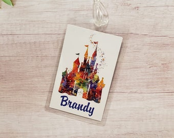 Personalised Disney Princess Castle Watercolor Disneyland, Disney World, DCL Fish Extender Luggage Tag, Cruise BagTag, Backpack Tag, Gym Bag