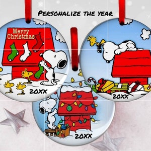 Christmas Dog Ornaments, Personalize It adding Year, Cartoon Lights on Red House, Acrylic with Two Sides Image, Gifts for Friends and Family