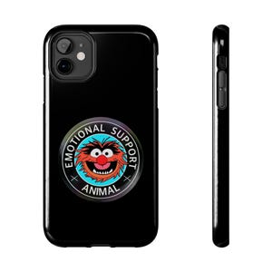 May include: Black phone case featuring a colorful graphic of Animal from The Muppets, with the words "EMOTIONAL SUPPORT ANIMAL" in a circular design. The case is glossy and has a camera cutout.