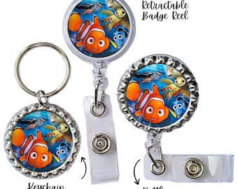 Find Nemo, Dory, Squirt Retractable Badge Reel Swivel Gifts for Nurses, Work Keychain, Bottlecap Custom Gift Her