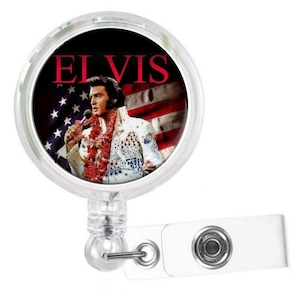 Elvis Presley Badge Reel, Retractable Swivel for Nurses. The King of Rock at Hawaii Concert with the American Flag, for Work Name ID Holder