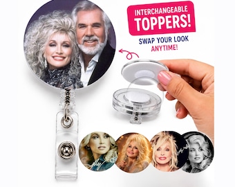 Interchangeable Dolly Parton Badge Reel, 2 inch Topper, 5 Options, Kenny Rogers, XL Nurse Gift Badge, Swappable Toppers, Clear Retractable