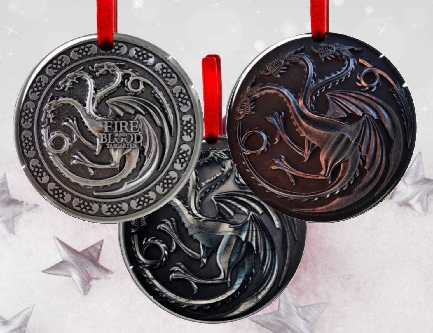 House Targaryens Ornament, Games Thrones, Three Dragons, Different Colors,  Custom Acrylic and Flexible Epoxy Dome in 3 Inches, 2 Sides Image -   Sweden