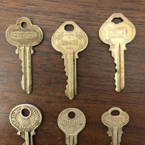 LOT 6 Vintage BRASS Keys - Chicago Lock Co * Russwin *Vassar RHCO Hdwe * Barrows * Independent Lock Co